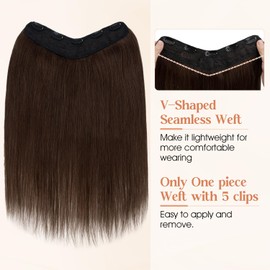 S-noilite Brown Real Human Hair One Piece Clip in Hair Extensions 3/4 Full Head Clip on Remy Hair Extensions for Women Silky Straight V Shaped Weft Invisible Clip in Hair Extensions(14",Medium Brown)