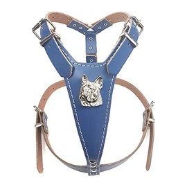 M&D Beautiful Blue Leather Dog Harness Medium Size with French Bulldog Head Motif