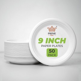 PRIME FEEL 9 Inch Disposable Paper Plates (50 Pack) 100% Compostable Sugarcane Heavy-Duty Eco Friendly Plates for Party Events, BBQs, Camping, and Picnics
