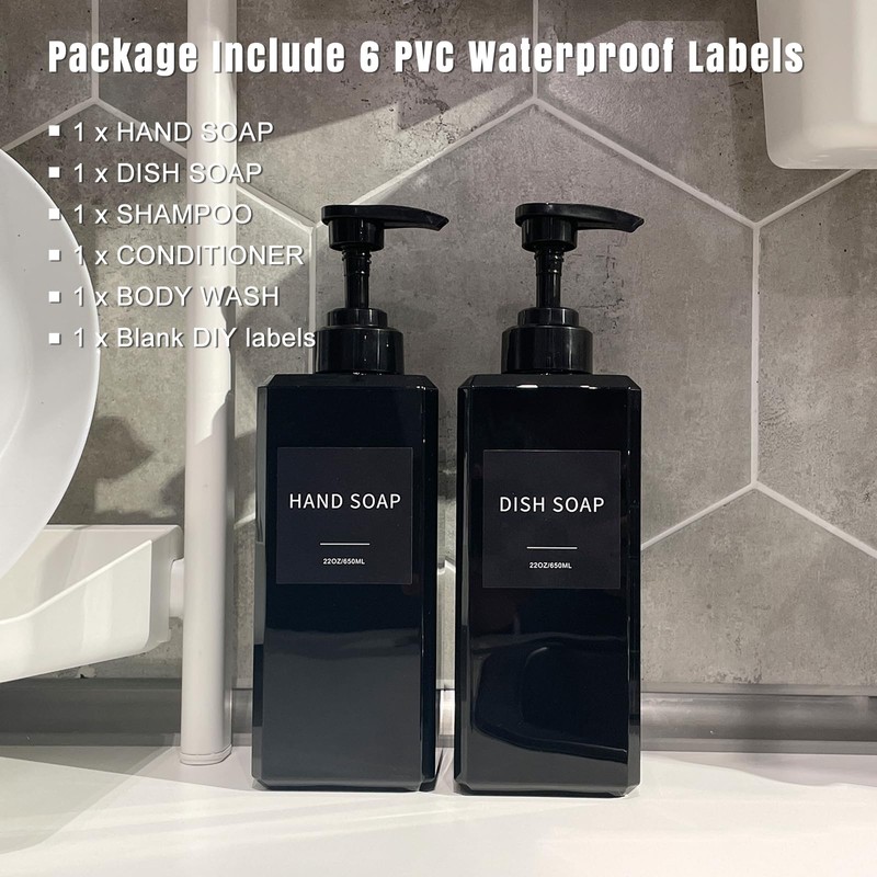 Black Soap Dispenser with Waterproof Labels, Thickened Plastic Hand Soap