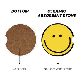 Smiley Face Absorbent Car Cupholder Coaster 2 Pack for Cup Holders 2.56" Ceramic Cork Base Drink Coasters for Women Men