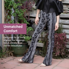 SATINA Womens High Waisted Flare Wide Leg Leggings, Printed and Solid, Reg and Plus, 04 Leafy Black, XX-Large