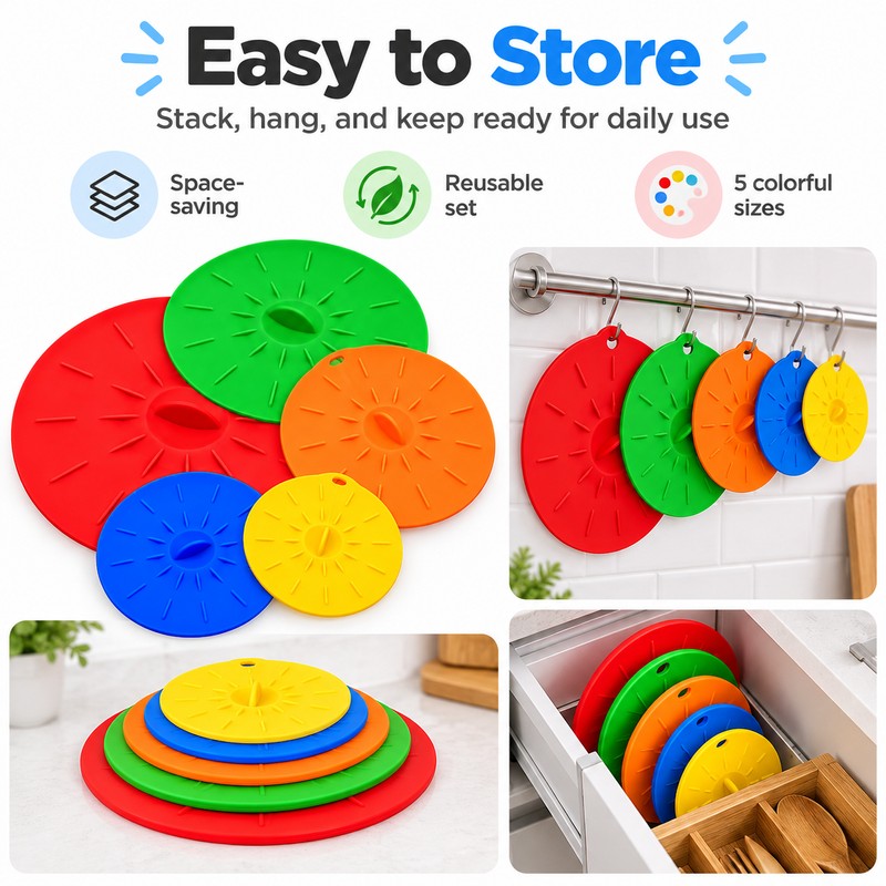 5-Piece Silicone Suction Lid Cover Set – Reusable Heat-Resistant Microwave