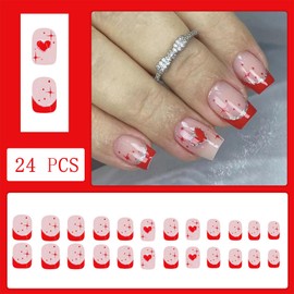 Red French Tips Press on Nails Short Square Fake Nails with Heart Glitter Designs French Tip Nails Press on Glossy Romantic False Nails for Women Girls DIY Manicure Decoration 24pcs