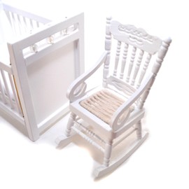 Dolls House White Nursery Set, 1:12 Scale, Cot, Dresser, Rocking Chair, High Chair, Rocking Horse, Miniatures | Minimum World