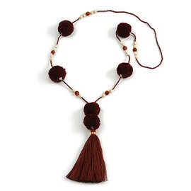 Avalaya Long Deep Brown Pom Pom, Glass Bead, Tassel Necklace/ 88cm L/ 17cm Tassel