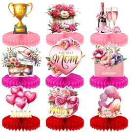 Adeyoo Mothers Day Table Decorations, 9Pcs Mother's Day Decorations Centerpieces for Tables, 3D Best Mom Honeycomb Centerpiece Red Pink Flower Table Topper for Mother's Party Supplies, Gifts for Mom