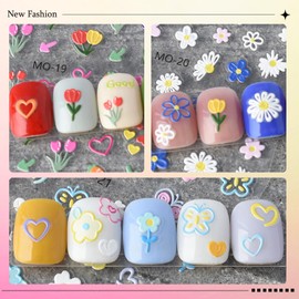 6 Sheets Flower Nail Stickers Colorful Cartoon Butterfly Heart Rabbit Nail Art Decals 3D Embossed Curcuma Flowers Nail Stickers 5D Self-Adhesive Floral Nail Designs for Women Girls Nail Decor 807-17