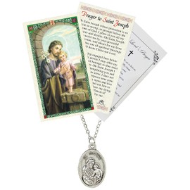 St Joseph Medal - with St Joseph Prayer Card, The Lord's Prayer | Saint Joseph Necklace Jewelry | Catholic Patron Saint Of Families, Fathers, Expectant Mothers, Carpenters Set, Total 4 Items
