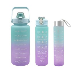 Summer Travel Gradient Water Bottles, 3 Counts/set Portable Tumbler with Straw & Strap, Reusable Water Bottles with Time Marks, Washable Drinkware:_Blue
