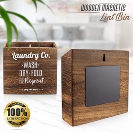 Magnetic Lint Bin for Laundry Room – Mountable, Wooden Lint Box/Holder/Trash Can or Organization and Storage Bin for Washer and Dryer Supplies – Rustic Farmhouse Decor by CADE + KAI (Torch Dark Brown)