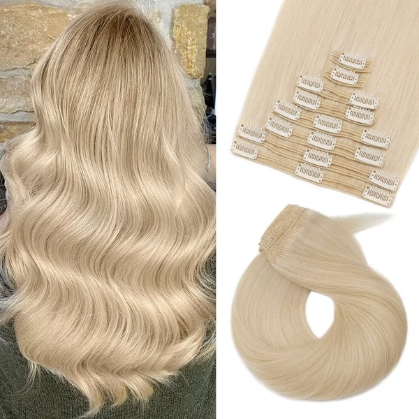Tess Real Hair Extensions - Clip-In Hair Extensions - Double Wefts for Complete Hair Extension - 8 Pieces, 18 Clips, Straight, 7A Thick Hair