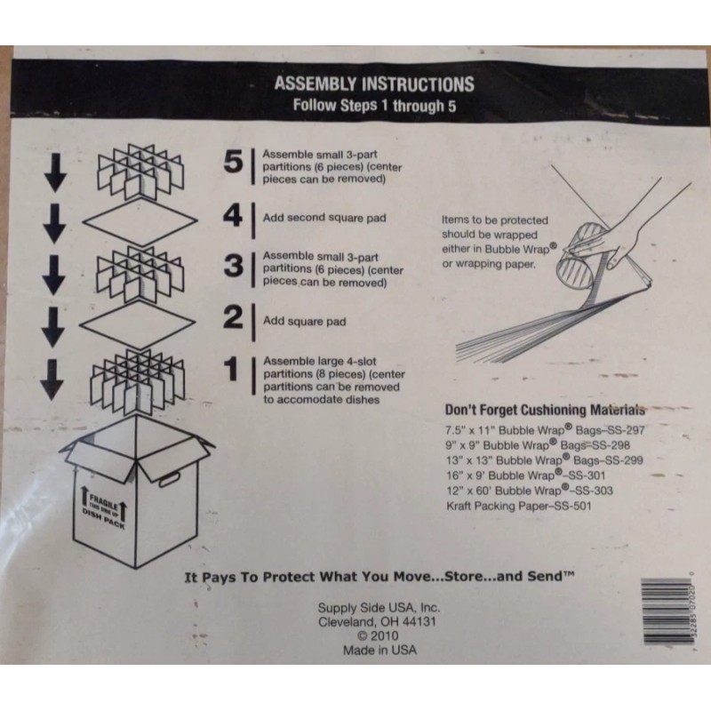 Packrite Dish/Glass Partition Packing Kit Corrugated Dividers Kitchen Moving NEW