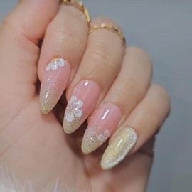 MERVF Medium Press on Nails Almond Fake Nails Press ons Yellow Green Ombre French Tip Glue on Nails Cat Eye Stiletto Acrylic Nails with Flower Design 24pcs Glossy