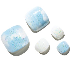 GLAMERMAID Press on Toenails, Spring Summer Blue Ombre Cloud Gel Glue on Toe Nails, 24Pcs Glossy Toe Nails Reusable UV Finish Fake Nails Acrylic False Nails Manicure Kits for Women
