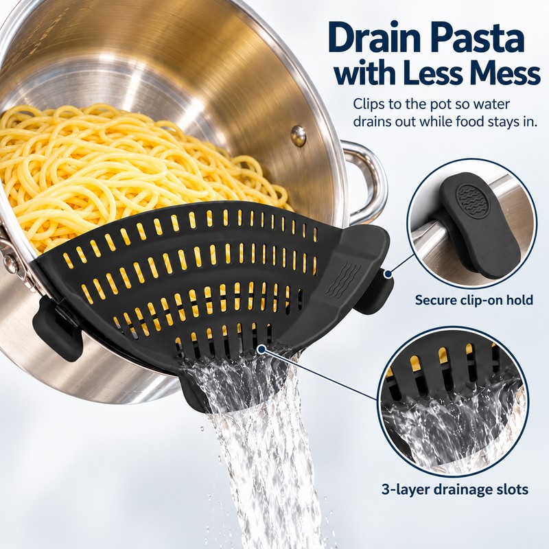 Clip-On Silicone Pot Strainer for Pasta, Vegetables & More –