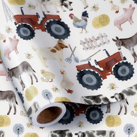RUSPEPA Farm Animal Wrapping Paper Roll, Mini Roll, 17 Inches x 16.4 Feet, Barn Animal and Tractor Design Gift Wrap Paper, Bright Colors Wrap Paper for Kids' Birthday Party and Special Occasions