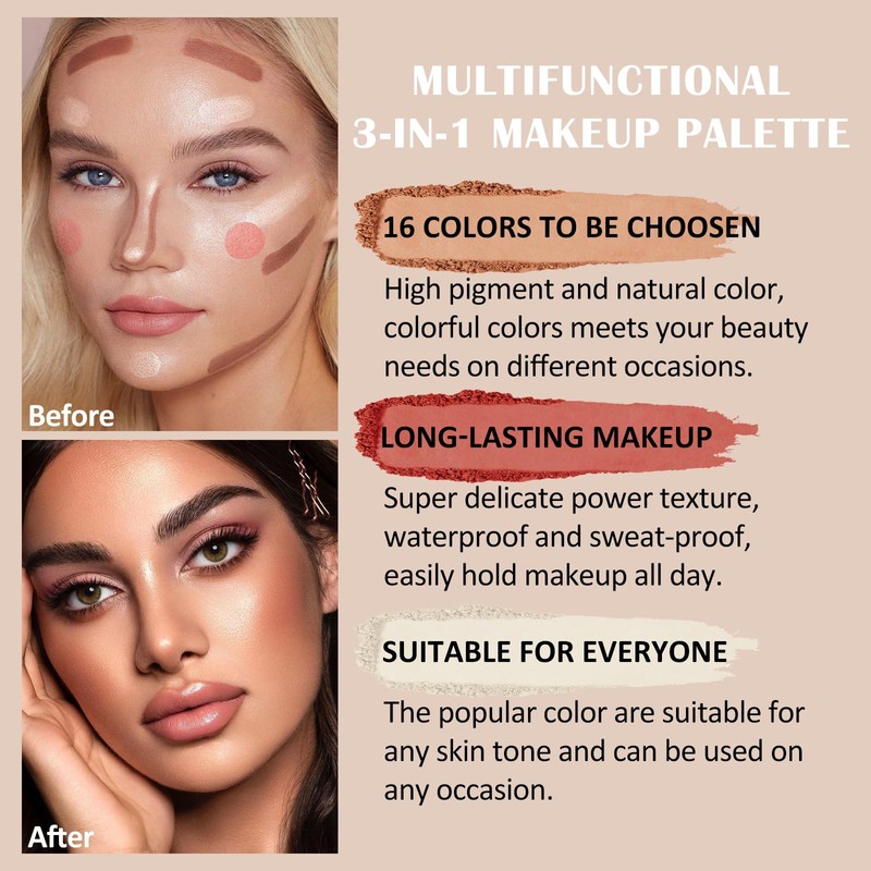 Prreal 16 Colours Contour & Highlight & Blush Palette, Multifunctional