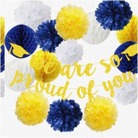 Zyvora 2024 Grad Party Decorations: Navy Blue Yellow "So Proud of You" Banner