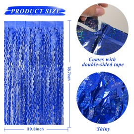 Blue Tinsel Foil Fringe Curtains Wavy Backdrop for Parties Sparkle Metallic Wavy Foil Fringe Backdrop Curtain for Party Decorations Photo Booth Props Birthday Graduation Wedding