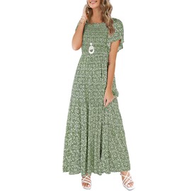Kranda Summer Dresses for Women 2025 Round Neck Flutter Short Sleeve Tiered Ruffle Smocked Floral Maxi Boho Dress Olive Green L