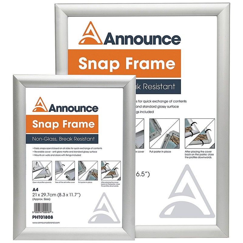 Announce A4 Snap Frame (25mm anodised Aluminium Frame, Wall fixings