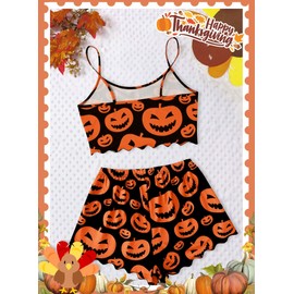 EVELUST Women Pumpkin Print Pajama Set - Thanksgiving Lettuce Trim Crop Top High Waist Shorts Loungewear Cute Sleepwear(BlackOrange,XL,1154e)