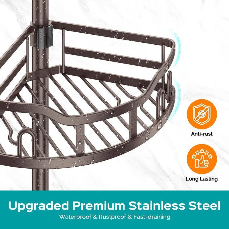 Corner Shower Caddy Tension Pole: Rustproof Stable 4-Tier Bathroom Organizer