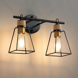 HENCENVV 2-Light Bathroom Light Fixture Over Mirror Matte Black Farmhouse Vanity Light for Bathroom Rope Wrapped Rustic Industrial Vanity Lighting Fixture with Metal Lampshade for Hallway Porch
