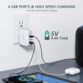 LENCENT Cargador USB, Ladron Enchufes con 4 Puertos USB, 4.4A 5V Adaptador para Viaje, Adaptador de Enchufe Universal UK/USA/EU/AUS para Phone, Celulares, Tabletas y Más