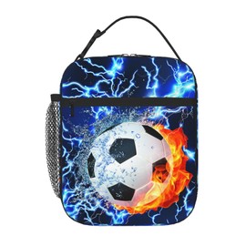 UEQIKI Soccer Ball Fire Lightning Insulated Lunch Bag for Women & Men, Reusable Leak-Proof Lunch Box with Cooler Compartment, Lunch Tote for Adults Work Travel Picnic Durable & Washable