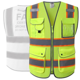 JKSafety 9 Pockets FAA Licenced Drone Pilot Hi-Vis Retro-Reflective Safety Vest | HQ Mesh Lite Neon Yellow Body Color Orange Trimming | ANSI/ISEA Compliance (JK100-FAA-Yellow-XL)