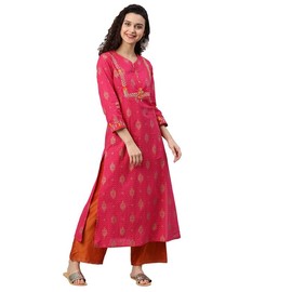 Akiko Women's Straight Kurta - Cambric Cotton, Foil Printed & Zari Embroidered 3/4th Sleeve Indian Kurti (Pink)