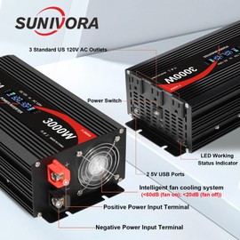 Sunivora 3000 Watt Inverter with LCD Display 12V DC to 110V/120V AC 60HZ Car Power Inverter with 3 AC Outlets & Dual USB Ports for Car RV Truck Camping