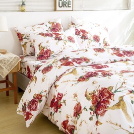 Tache Floral Hummingbirds Burgundy Ivory Antique Vintage Farmhouse Spring Country Rustic Microfiber Reversible Rose Garden Duvet Cover Full