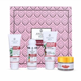 Ayouthveda Anti-Acne Gift Pack Oil Control Mattifying Moisturizer Cream, Acne Enemy Face Wash Gel, Acne Enemy Clarifying Facial Toner, Kunkumadi Face Scrub Nourishing Exfoliator
