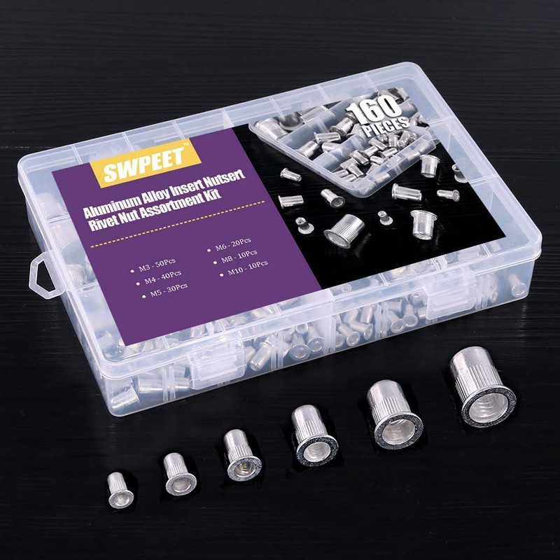 Swpeet 160Pcs Aluminum Alloy Flat Head Rivet Nut Kit, Including