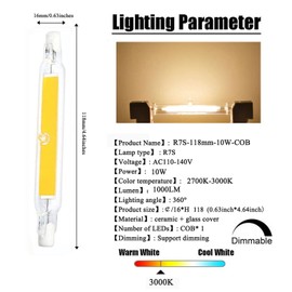 118mm 10W R7S LED Bulb (3 Pack) 100W Halogen Equivalent 118mm J-Type 10W 120V R7S Base 3000K Warm White J Type T3 118mm Double Ended Flood Light Bulbs 360°Beam Angle Landscape Lights,3-Pack