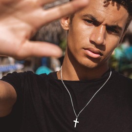 Joxevyia Cross Necklace for Men Silver Stainless Steel Small Cross Pendant with Cuban Chain Necklace Simple Faith Jewelry Christmas Gift for Men Women 22 Inches