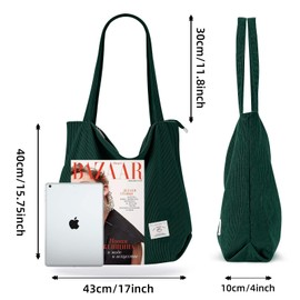 KALIDI Corduroy Bag Women Large Tote Bag with Zipper Pockets Casual Shoulder Bag Big Capacity Shopping Bag, Dark Green