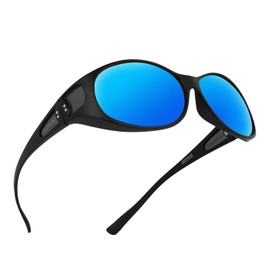 LILONGAD Face Shadow Polarized Sunglasses Fit Over Oval Glasses for Women Men -Prevent eye damage ultraviolet rays, Anti-glare- UV Protection Lightweight - Shiny Black/Blue REVO