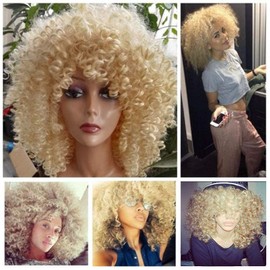 Lady Miranda Blonde Curly Wig Afro Kinky Curly Wigs with Bangs Medium Length Blonde Afro Wig Heat Resistant Synthetic Full Wigs For Women