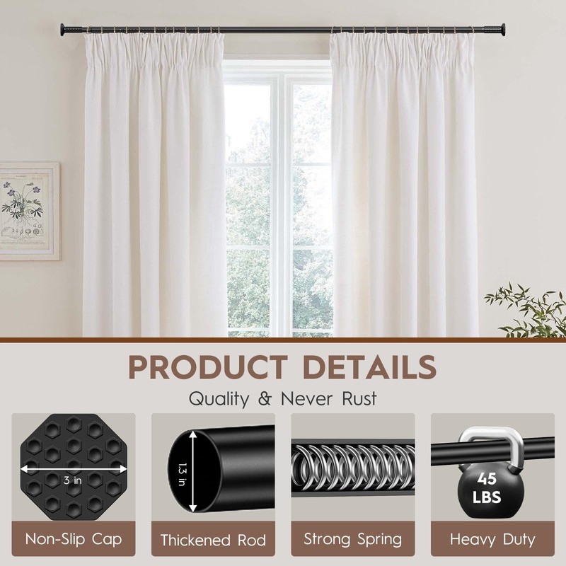 Tension Curtain Rod No Drilling for Window,Adjustable 51-168In,Black | Holds
