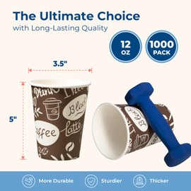 Fit Meal Prep 12 oz Coffee Cups 1000 Count, Leak-Proof Hot Cup, Disposable Paper Coffee Cup Bulk for Hot/Cold Beverage, Durable Thickened Paper Cups for Party, Office, Bussines, Home, Bistros