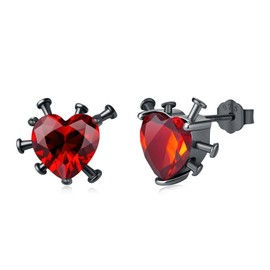 CUOKA MIRACLE Heart Stud Earrings,Gothic Jewelry Black Nails Design 925 Sterling Silver Heart Crystal Red Ruby Color Earrings for Women Men, Medium, Sterling Silver, Ruby