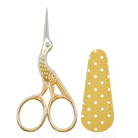 SwirlColor Embroidery Scissors, Stainless Steel Stork Scissors Small Craft Scissors for Sewing Cross Stitch Needlework Threading with PU Scissors Cover - Gold