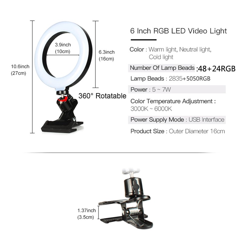 6inches RGB LEDs Selfie Ring Light with Clamp USB Operated