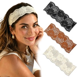 3 PCS Floral Lace Headbands Boho Vintage Stretchy Hair Bands for Women