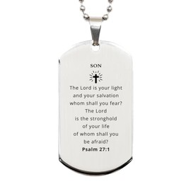 LANKEST Son Inspirational Engraved Silver Dog Tag Psalm 27:1 for Son Reminder of Hope and Confidence in The Lord