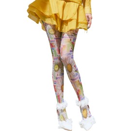 Sahabowi Women's Sexy Metallic Silver Fashion Digital Print Tights, Control Top Silk Stockings, High Waist Elastic Soft Pantyhose, LWY2024072906, White Sunflowers, 1pcs